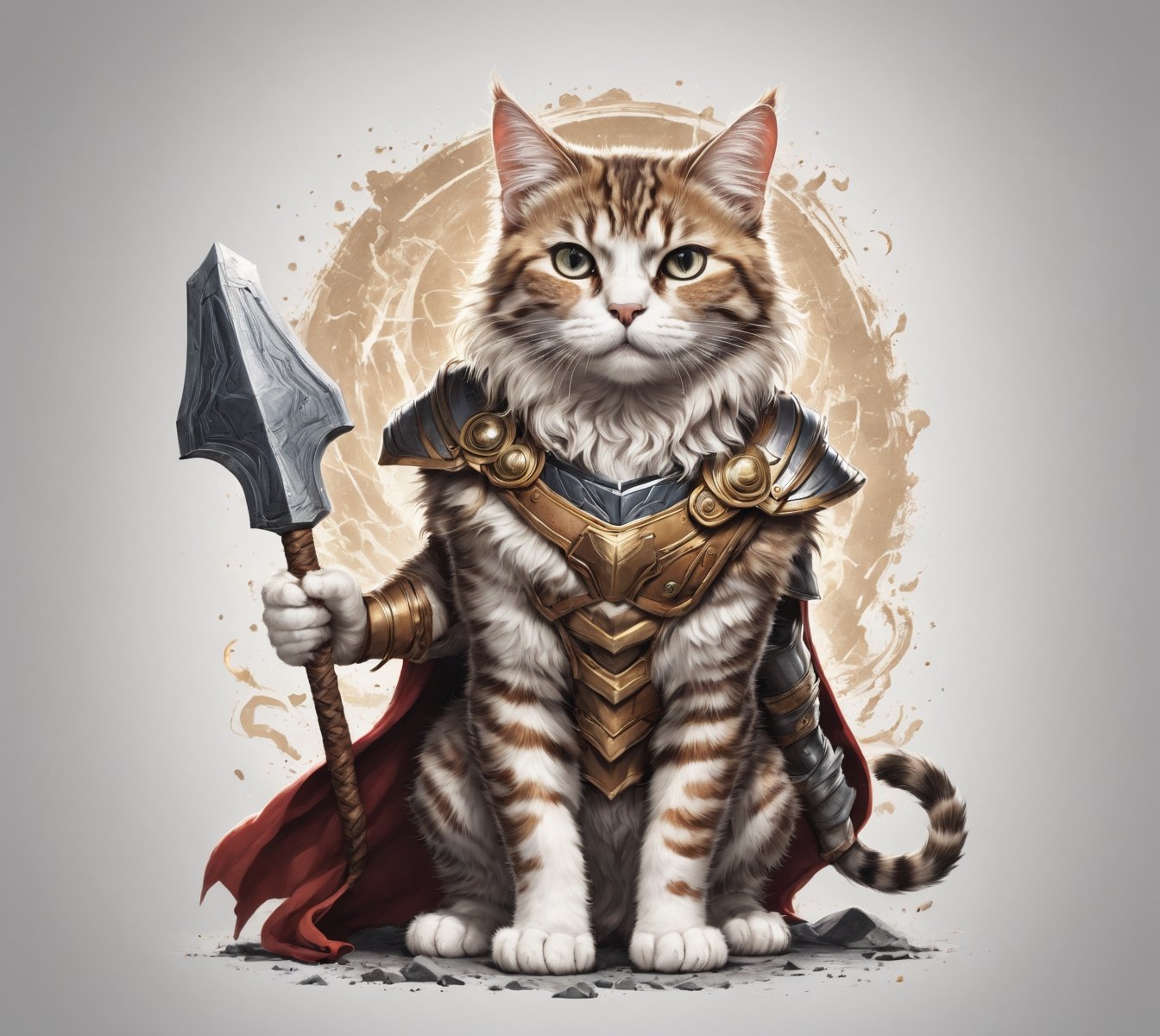  Cat Thor god of thunder, full view wide angle view, (centered on a white background), T-shirt design illustration, photo r3al, T-shirt design illustration, on a white background, more detail XL, Leonardo style 