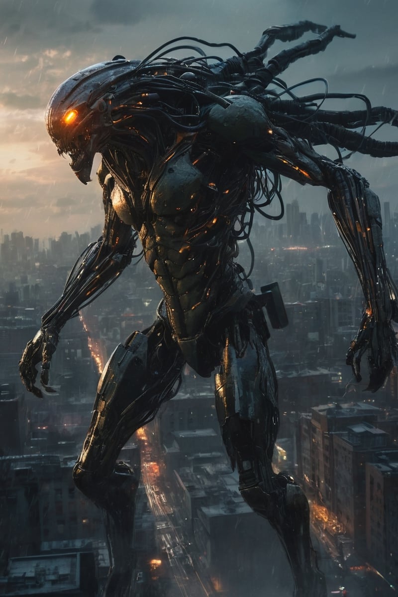 Dirty cyberpunk Alien monster, load wire, perfect proportion, Cyberpunk Edgerunner style, flying over the rough weather city, late night, breathing fire, cold chaos strong contrast,distant view, 8K picture quality, shimmer, delicate picture,loish, jeremy mann, full body shot,