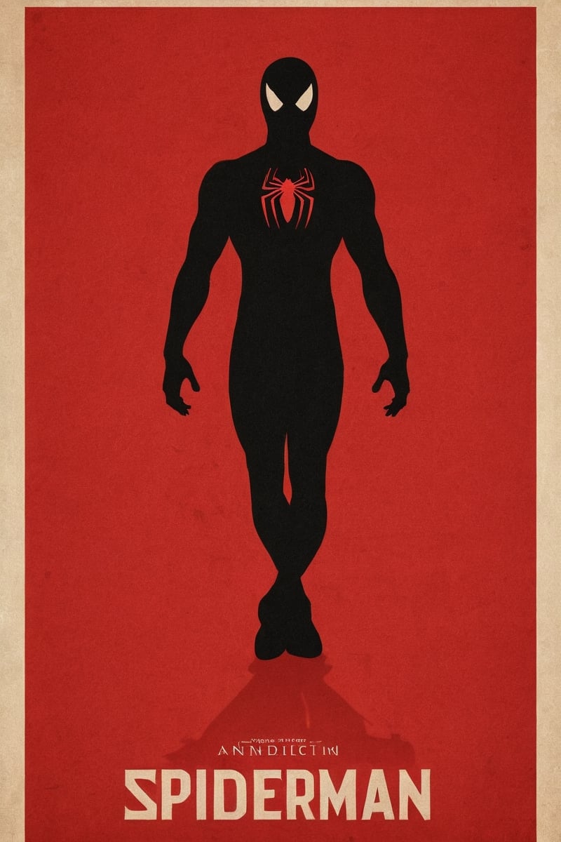 the black silhouette of Spiderman in front of a red background, in the style of movie poster, stark minimalism, symmetry, silhouette,Text 