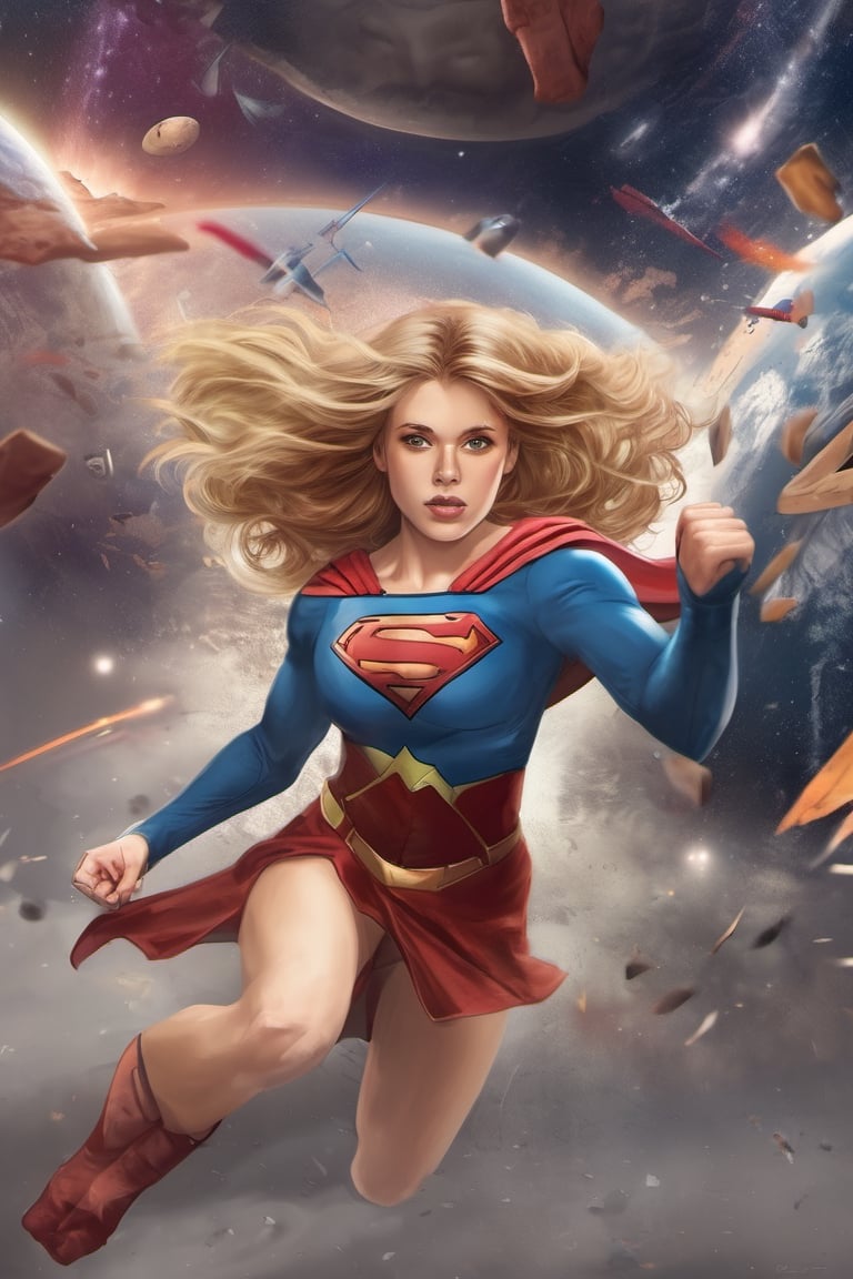 the supergirl flying through the space,  front view in a mini skirt

