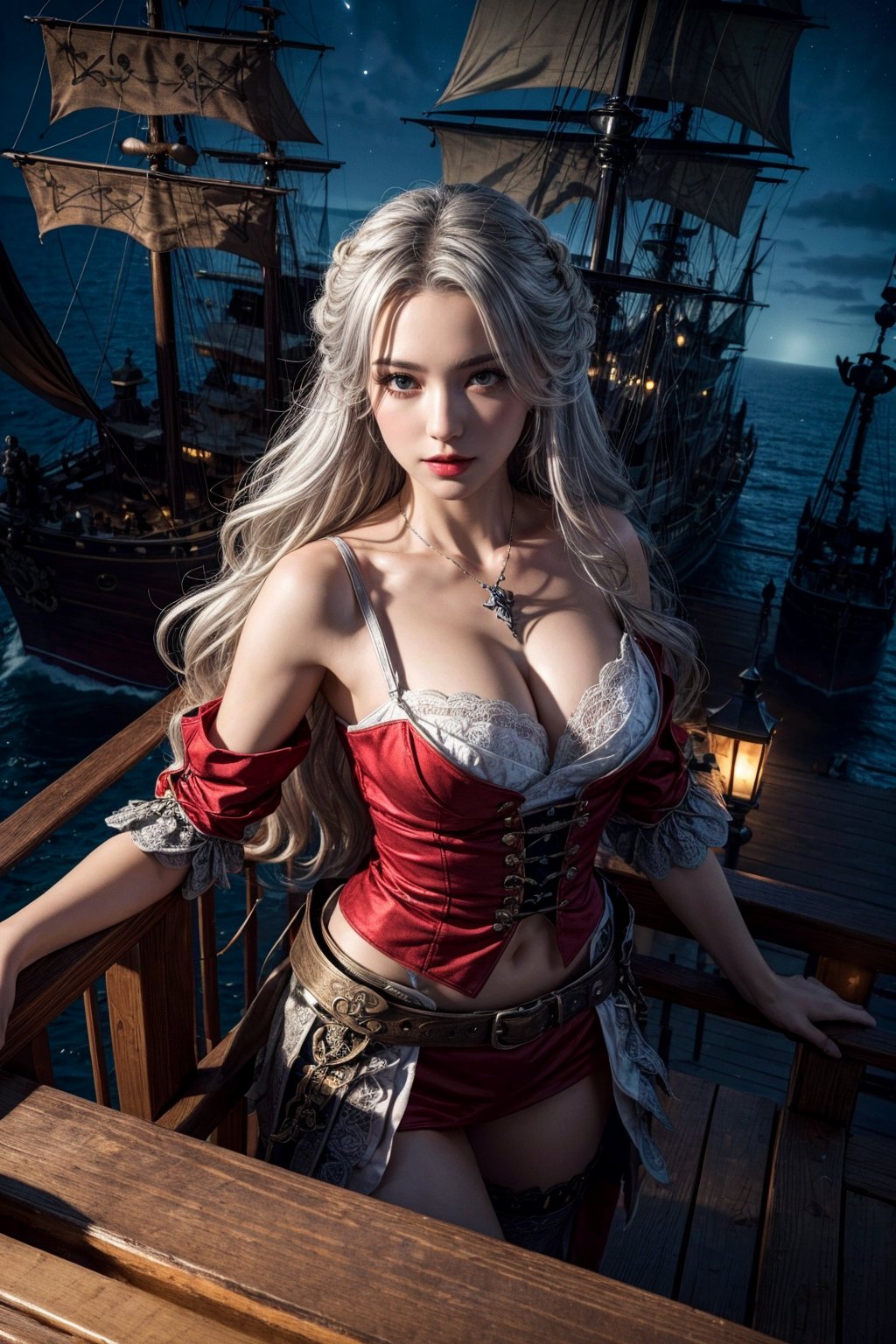 (masterpiece:1.2, best quality:1.2, beautiful, high quality, highres:1.1, aesthetic), detailed, extremely detailed, ambient soft lighting, perfect eyes, perfect face, 1girl, long silver hair, normal breasts, pirate clothing, bare shoulders, looking at the viewer, full body, from above, slim body, high angle shot, night time, pirate ship, top view