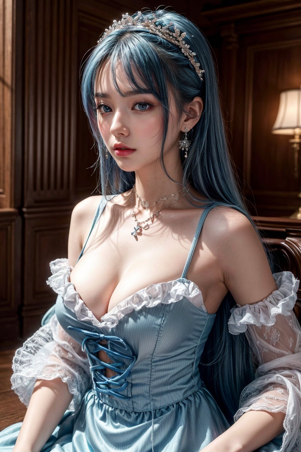 (masterpiece:1.2, best quality:1.2, beautiful, high quality, highres:1.1, aesthetic), detailed, extremely detailed, ambient soft lighting, perfect eyes, perfect face, 1girl, full shot, long blue hair, hair ornament, normal breasts, maid_outfit, bare shoulders, sleeveless, wrist cuffs, pink detached sleeves, earrings, necklace, looking at the viewer, lying, on back