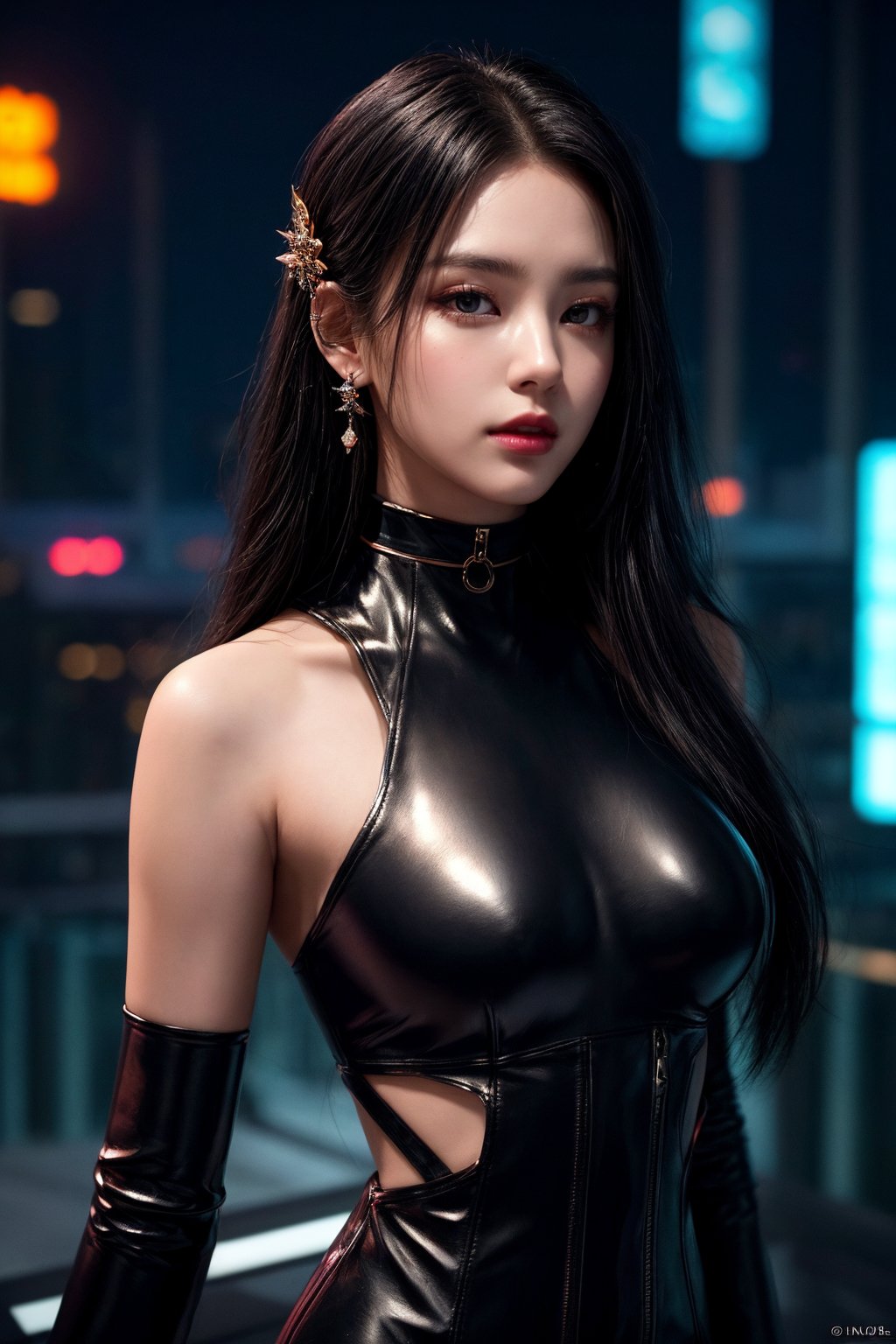 (masterpiece:1.2, best quality:1.2, beautiful, high quality, highres:1.1, aesthetic), detailed, extremely detailed, ambient soft lighting, perfect eyes, perfect face, 1girl, long black hair, hair ornament, normal breasts, black leather suit, two piece, bare shoulders, sleeveless, wrist cuffs, detached sleeves, earrings, choker, looking at the viewer, from above, slim body, top view, futuristic night cities, neon lights