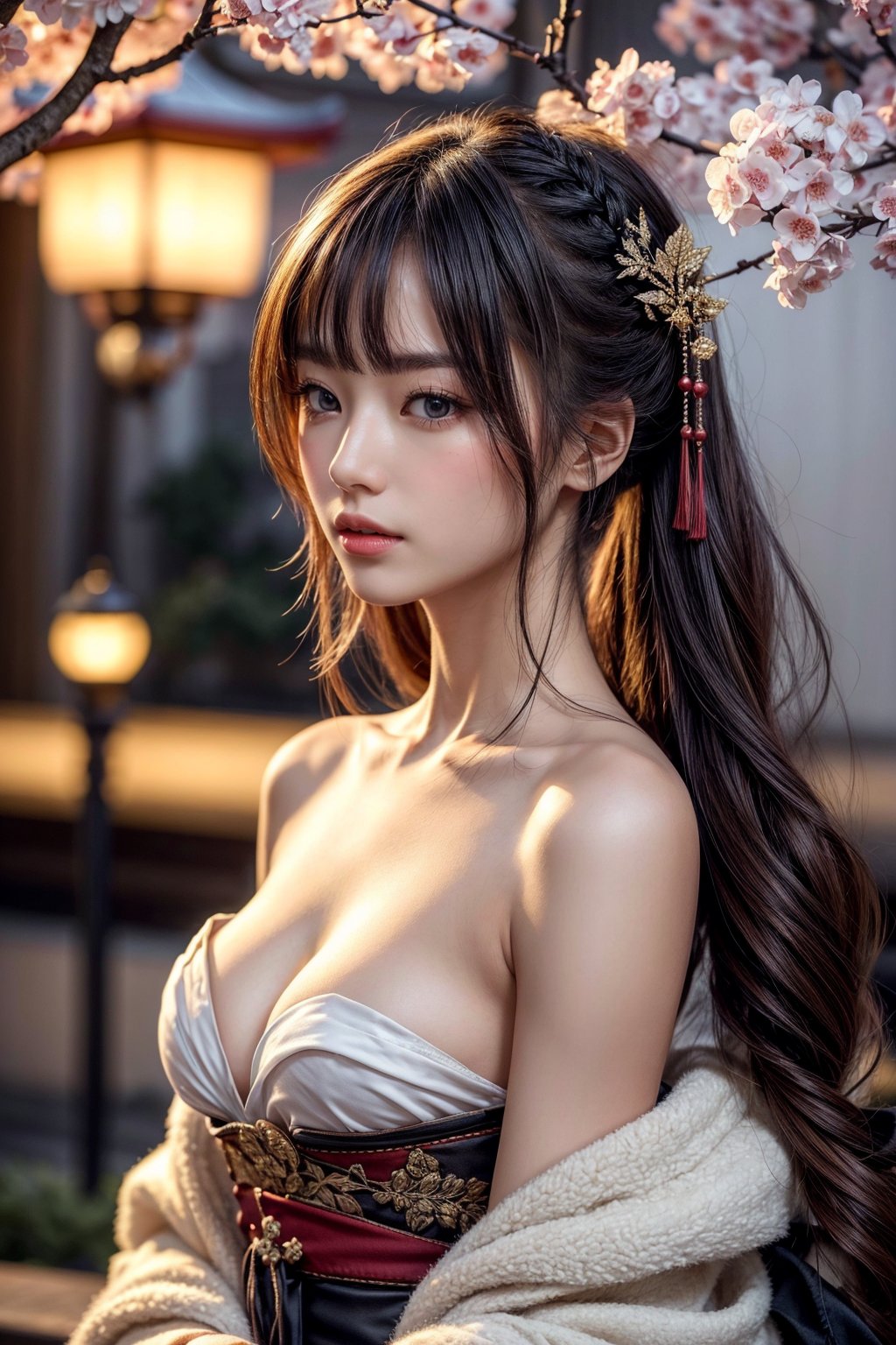 (masterpiece:1.2, best quality:1.2, beautiful, high quality, highres:1.1, aesthetic), detailed, extremely detailed, ambient soft lighting, perfect eyes, perfect face, 1girl, long hair, hair ornament, normal breasts, bare shoulders, samurai armor, looking at the viewer, full body, above view, top view, slim body, japan, night time, cherry_trees 