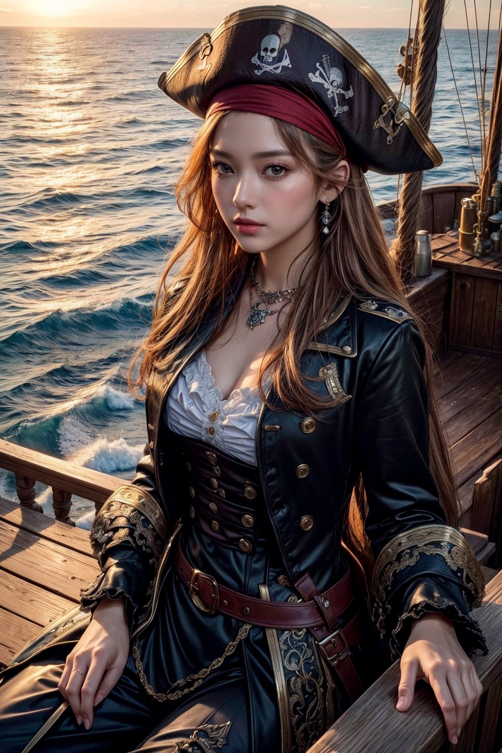 (masterpiece:1.2, best quality:1.2, beautiful, high quality, highres:1.1, aesthetic), detailed, extremely detailed, ambient soft lighting, perfect eyes, perfect face, 1girl, long hair, pirate clothing, slim body, pirate ship, ocean, sea, sunset, above view, top view,