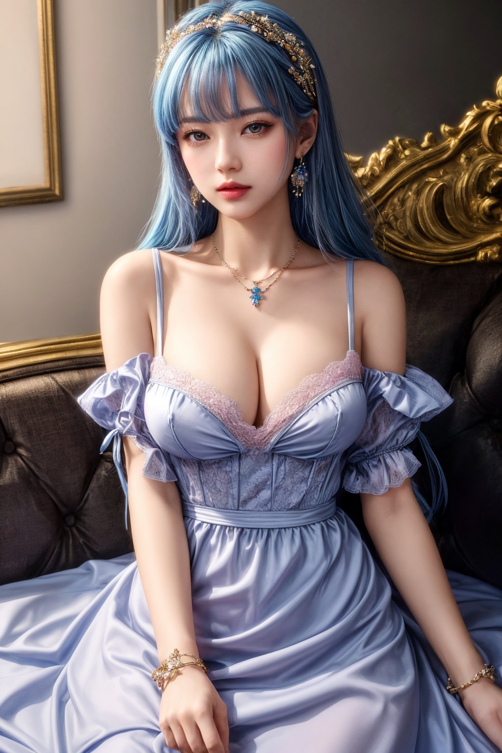 (masterpiece:1.2, best quality:1.2, beautiful, high quality, highres:1.1, aesthetic), detailed, extremely detailed, ambient soft lighting, perfect eyes, perfect face, 1girl, full shot, long blue hair, hair ornament, normal breasts, maid_outfit, bare shoulders, sleeveless, wrist cuffs, pink detached sleeves, earrings, necklace, looking at the viewer, lying, on back