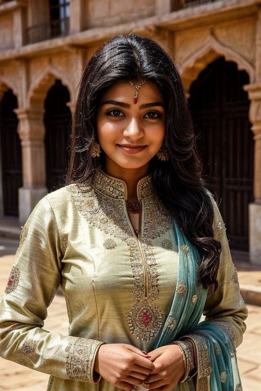  a vibrant and sunny day in a city in Tamil Nadu. A 19-year-old girl named Meera is at the inn . She is wearing a Anarkali Suit . Her long, dark hair is adorned , and she has a gentle smile on her face, exuding confidence and grace.