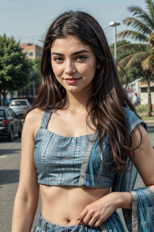  a vibrant and sunny day in a city in Tamil Nadu. A 19-year-old girl named Meera at the department store . She is wearing a lehenga, Her long, dark hair is adorned , and she has a gentle smile on her face, exuding confidence and grace.