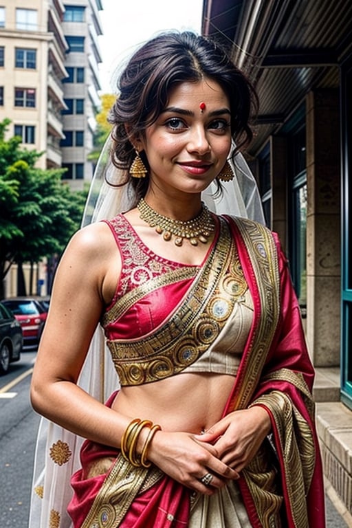  a vibrant and sunny day in a city in Tamil Nadu. A 19-year-old girl named Meera at the wedding . She is wearing a traditional saree , Her long, dark hair is adorned , and she has a gentle smile on her face, exuding confidence and grace.,Saree 