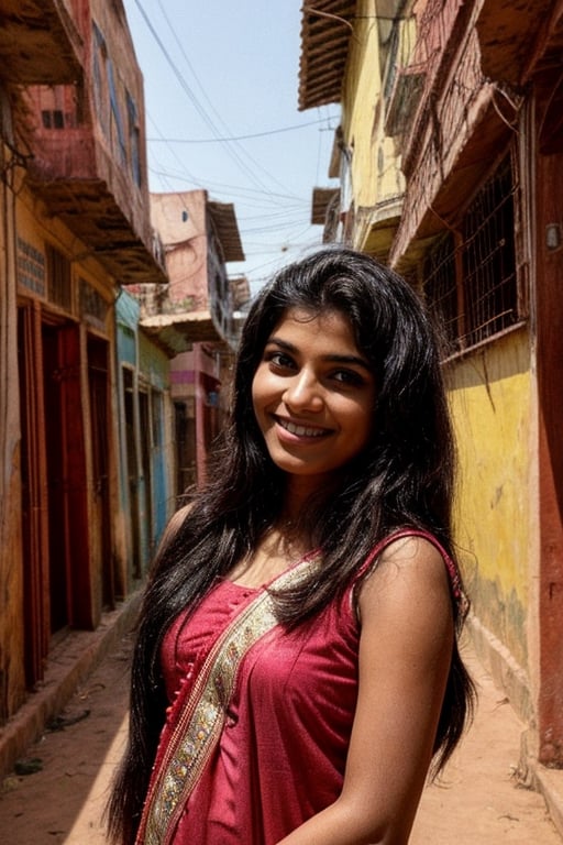  a vibrant and sunny day in a city in Tamil Nadu. A 19-year-old girl named Meera is at the home . Her long, dark hair is adorned , and she has a gentle smile on her face, exuding confidence and grace.