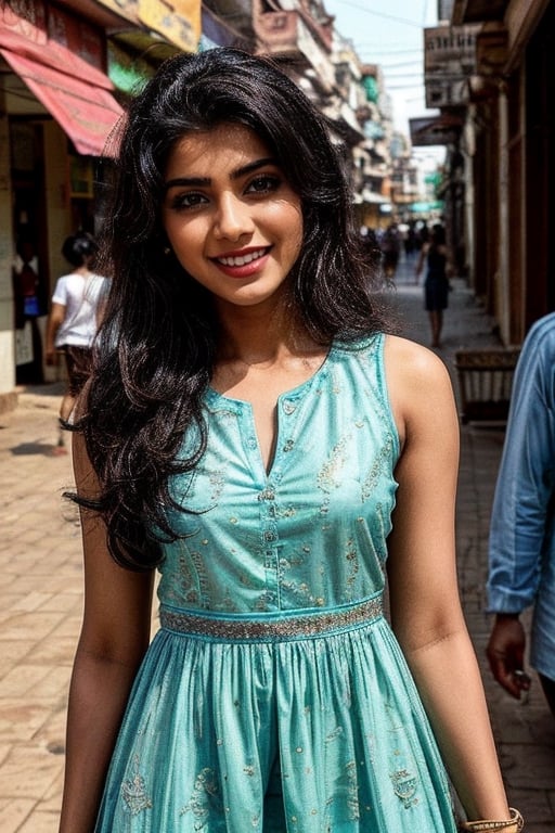  a vibrant and sunny day in a city in Tamil Nadu. A 19-year-old girl named Meera at the department store . She is wearing a Modern Dress , Her long, dark hair is adorned , and she has a gentle smile on her face, exuding confidence and grace.