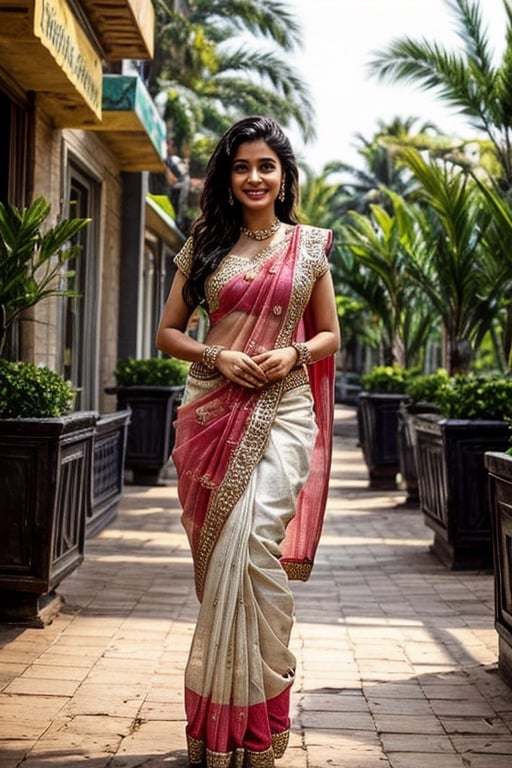  a vibrant and sunny day in a city in Tamil Nadu. A 19-year-old girl named Meera is at the mall. She is wearing a saree . Her long, dark hair is adorned , and she has a gentle smile on her face, exuding confidence and grace.