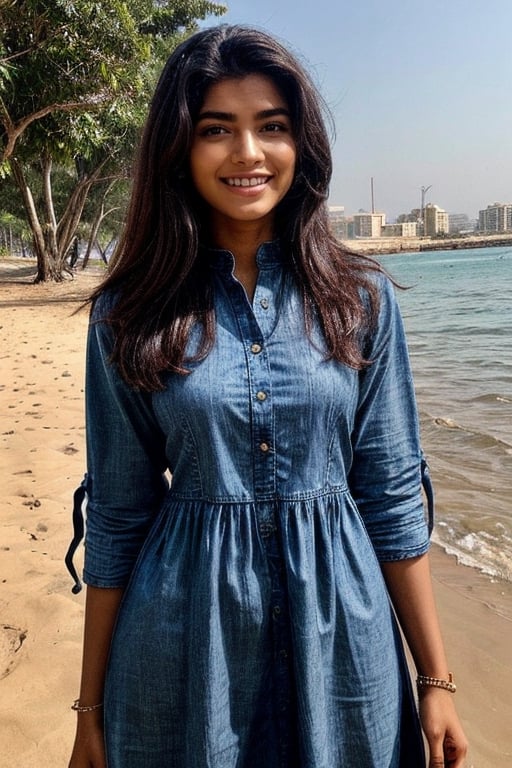  a vibrant and sunny day in a city in Tamil Nadu. A 19-year-old girl named Meera at the beach . She is wearing a Kurti with Jeans , Her long, dark hair is adorned , and she has a gentle smile on her face, exuding confidence and grace.