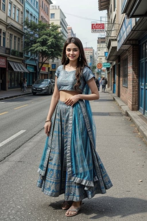  a vibrant and sunny day in a city in Tamil Nadu. A 19-year-old girl named Meera at the department store . She is wearing a lehenga, Her long, dark hair is adorned , and she has a gentle smile on her face, exuding confidence and grace.