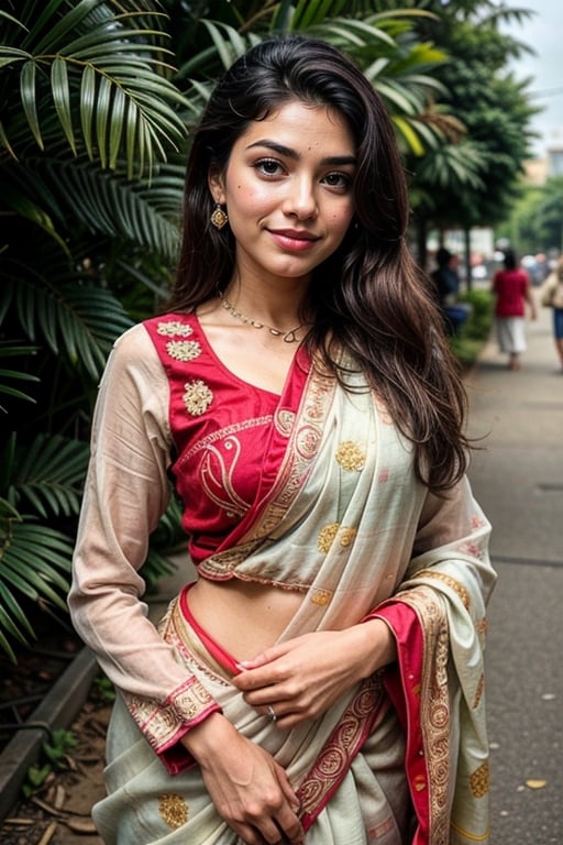  a vibrant and sunny day in a city in Tamil Nadu. A 19-year-old girl named Meera at the wedding . She is wearing a traditional saree , Her long, dark hair is adorned , and she has a gentle smile on her face, exuding confidence and grace.,Saree 