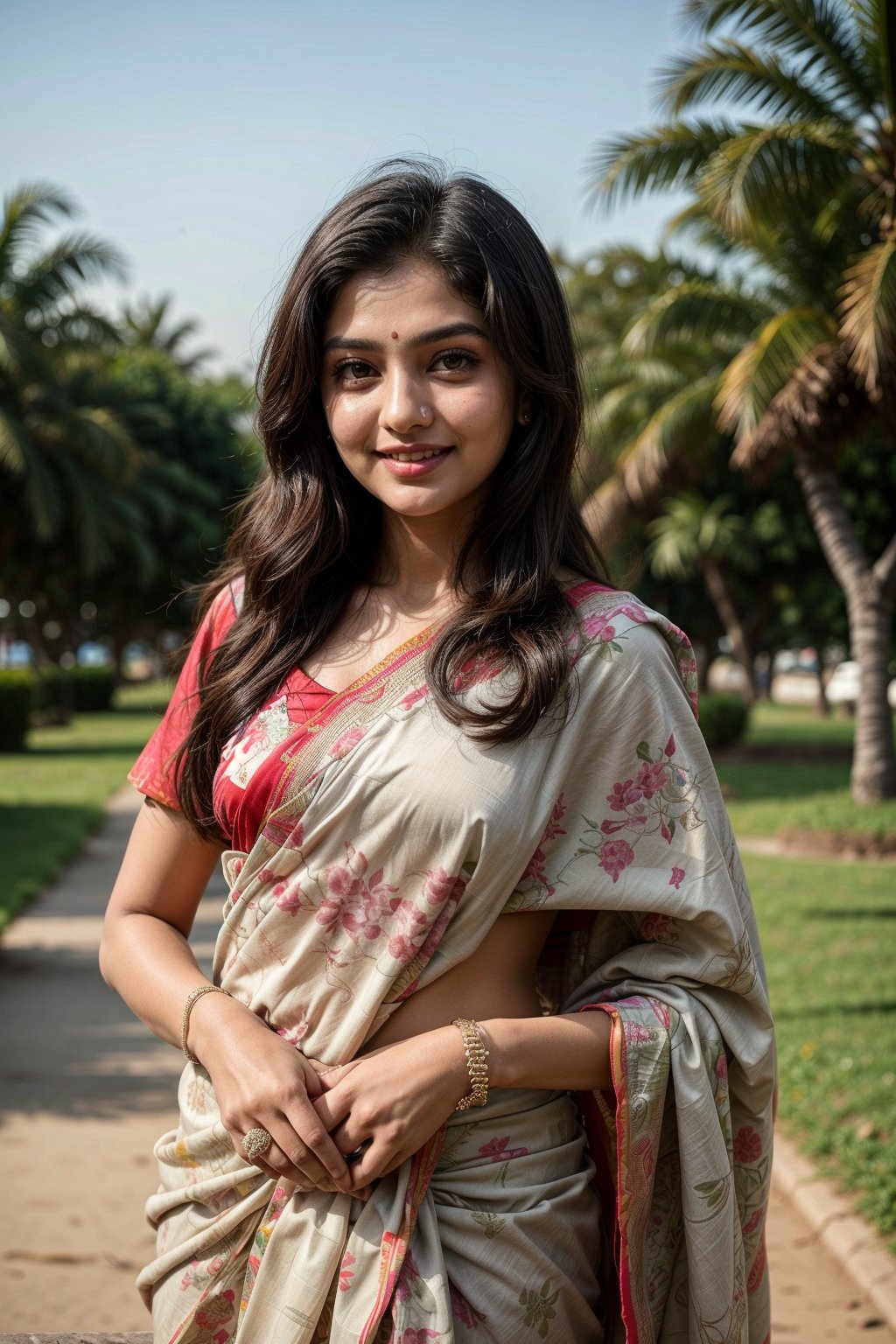  a vibrant and sunny day in a city in Tamil Nadu. A 19-year-old girl named Meera at the wedding . She is wearing a traditional saree , Her long, dark hair is adorned , and she has a gentle smile on her face, exuding confidence and grace.,Saree 