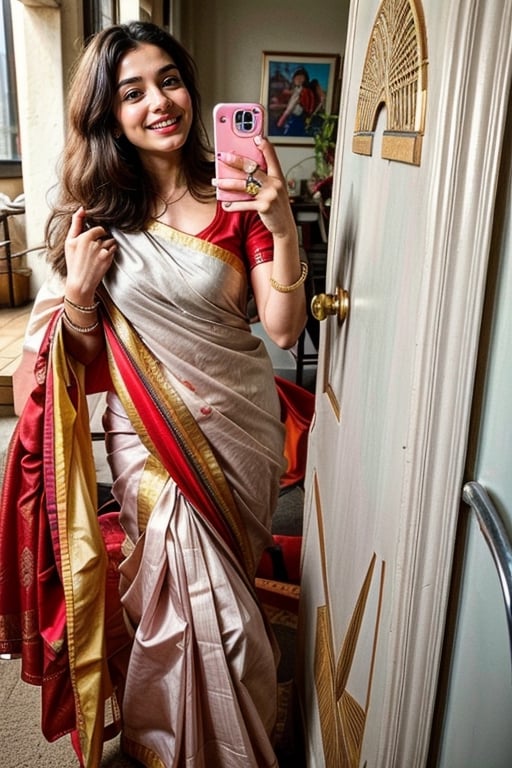  a vibrant and sunny day in a city in Tamil Nadu. A 19-year-old girl named Meera at the wedding . She is wearing a traditional saree , Her long, dark hair is adorned , and she has a gentle smile on her face, exuding confidence and grace.,Saree 