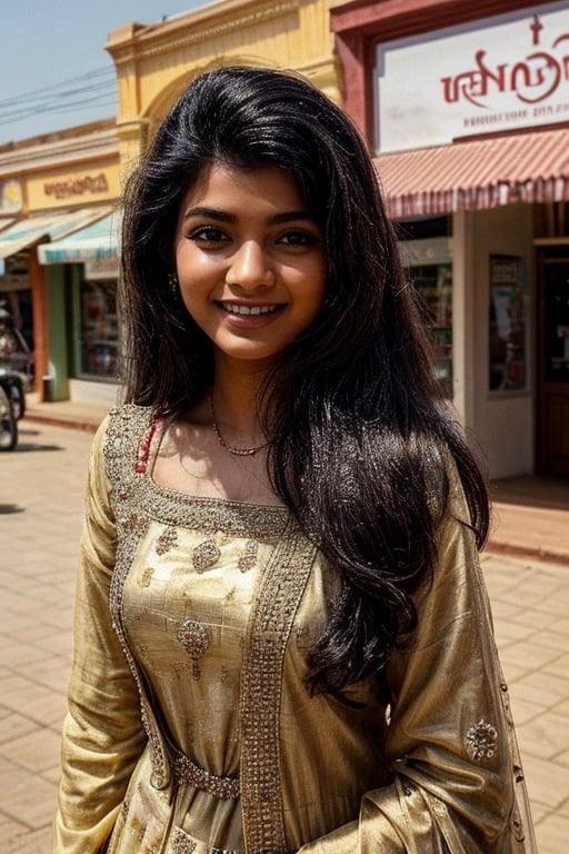  a vibrant and sunny day in a small town in Tamil Nadu. A 19-year-old girl named Meera at the mall. She is wearing beautiful dress,. Her long, dark hair is ponitail , and she has a gentle smile on her face, exuding confidence and grace.