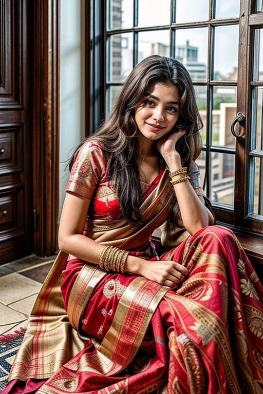  a vibrant and sunny day in a city in Tamil Nadu. A 19-year-old girl named Meera at the wedding . She is wearing a traditional saree , Her long, dark hair is adorned , and she has a gentle smile on her face, exuding confidence and grace.,Saree 