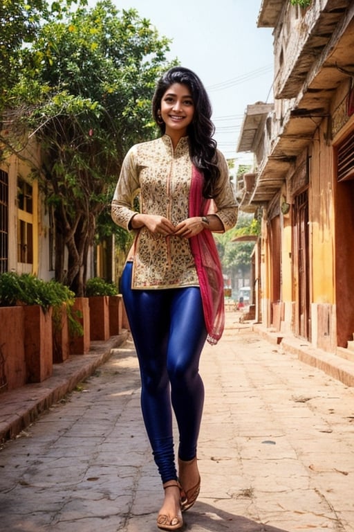  a vibrant and sunny day in a city in Tamil Nadu. A 19-year-old girl named Meera . She is wearing a Kurti with Leggings or Jeans , Her long, dark hair is adorned , and she has a gentle smile on her face, exuding confidence and grace.