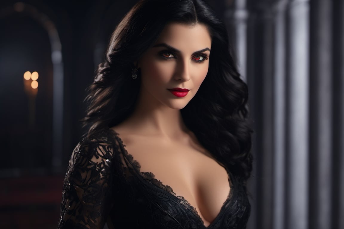 (Masterpiece), Beautiful Vampire with ((irridecent red eyes)), (((perfect breasts))), low cut black satin dress, smiling with (vampire teeth), ((flowing shiny black hair)), vampire movie theme, complex 3d render, intricate reflections, Intricate shadows, cinematic, image, ultra-detailed, HDR, Hyperrealism, professional photography, backlit, sharp focus, Panasonic Lumix s pro 50mm, 8K, octane rendering, raytracing, intricate shadows, (((professional photography))), high definition, photorealism, hyper-realistic, bokeh, depth of field, dynamically backlit, sharp focus, sharp edges, studio soft light, rim light, vibrant details, ((professional colorgrading))
,Movie Still,Film Still,Cinematic