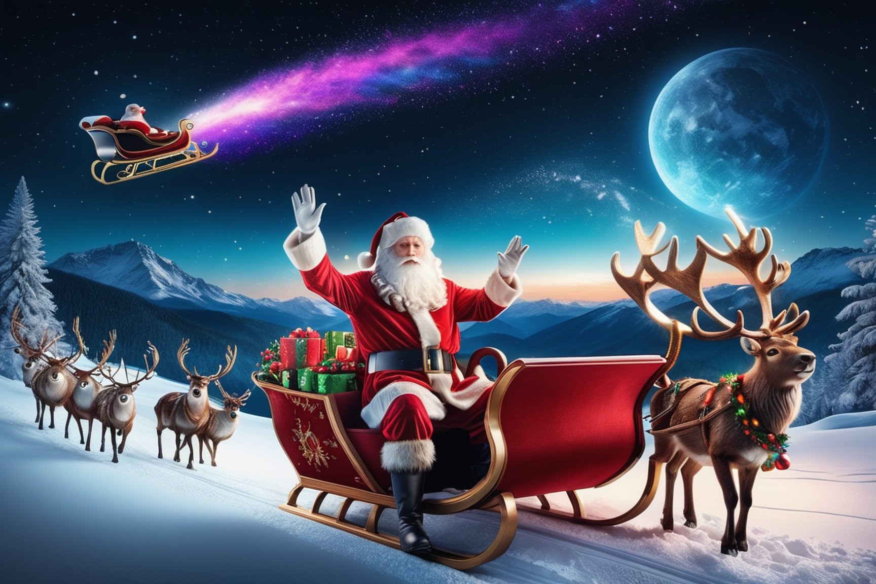 "(((masterpiece))), (((Santa Claus Waving Goodbye To 2023))), ((Santa Claus smiling at the camera while flying away in his sleigh pulled by 10 reindeer into the star cast night))), it is a beautiful night with comets in the sky and colorful stars twinkling in the background, complex 3d render, intricate reflections, ultra-detailed, HDR, Hyperrealism, Panasonic Lumix s pro 50mm, 8K, octane rendering, raytracing, (((professional photography))), high definition, photorealism, hyper-realistic, bokeh, depth of field, dynamically backlit, studio, vibrant details, ((professional Color grading)), photorealistic , monster,,,monsterdiversity"