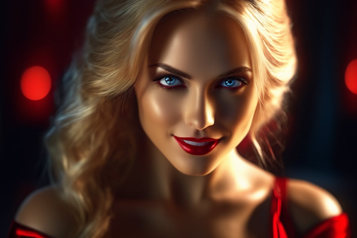 (((Masterpiece))), Beautiful female vampire with ((irridecent red eyes)), (((perfect breasts))), low cut red satin dress, smiling with (vampire teeth showing), ((flowing shiny blond hair)), vampire movie theme, complex 3d render, intricate reflections, Intricate shadows, cinematic, image, ultra-detailed, HDR, Hyperrealism, professional photography, backlit, sharp focus, Panasonic Lumix s pro 50mm, 8K, octane rendering, raytracing, intricate shadows, (((professional photography))), high definition, photorealism, hyper-realistic, bokeh, depth of field, dynamically backlit, sharp focus, sharp edges, studio soft light, rim light, vibrant details, ((professional colorgrading))
,Movie Still,Film Still,Cinematic,monster,perfecteyes