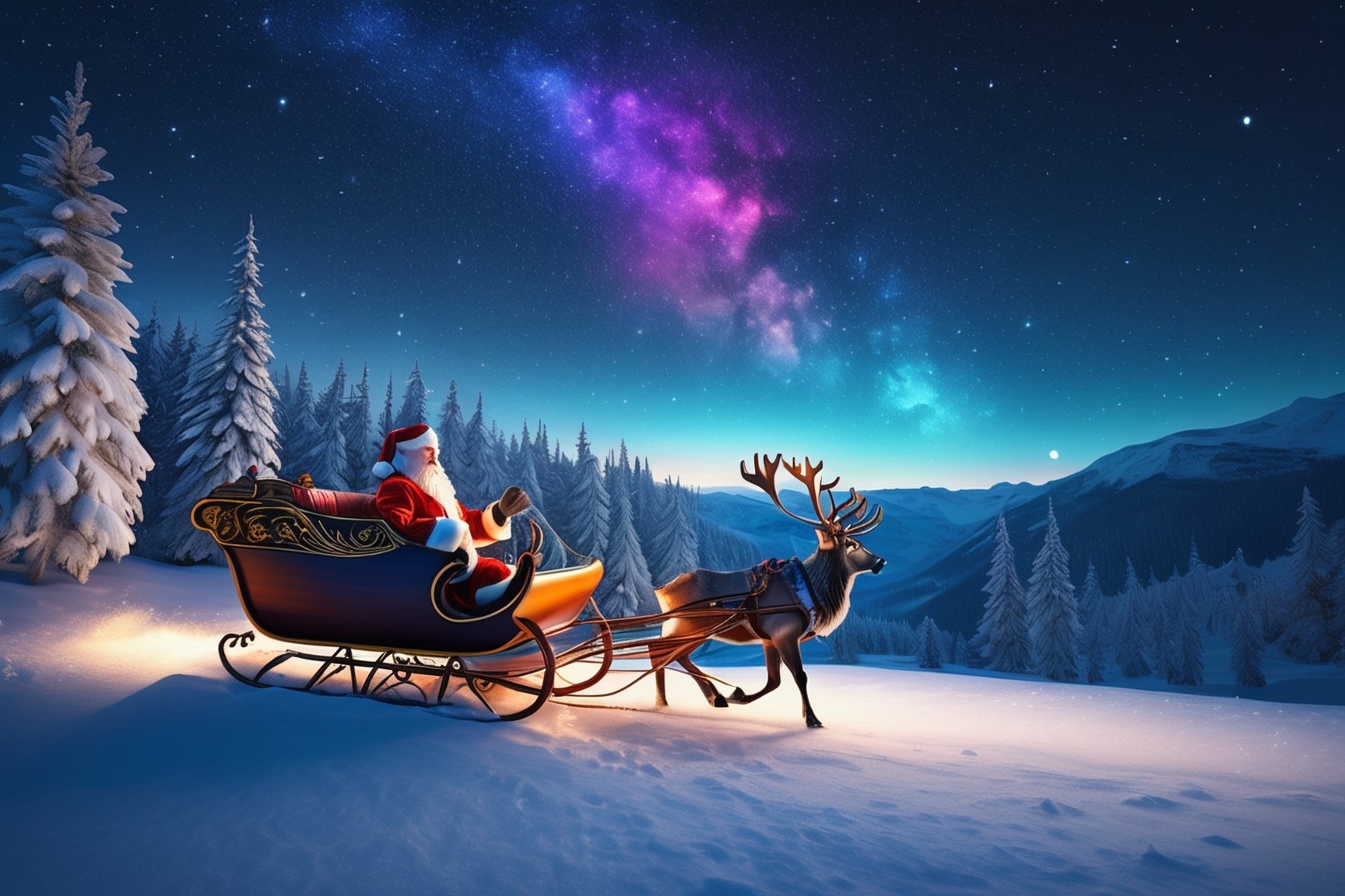 (((masterpiece))), (((Santa Claus Waving Goodbye To 2023 while flying away in his sleigh pulled by 10 reindeer into the star cast night))), it is a beautiful night with comets in the sky and colorful stars twinkling in the background, complex 3d render, intricate reflections, ultra-detailed, HDR, Hyperrealism, Panasonic Lumix s pro 50mm, 8K, octane rendering, raytracing, (((professional photography))), high definition, photorealism, hyper-realistic, bokeh, depth of field, dynamically backlit, studio, vibrant details, ((professional Color grading)), photorealistic , monster,,,monsterdiversity"