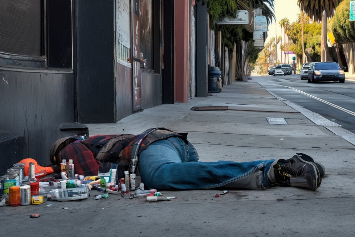 (((masterpiece))), (((drug use in the streets of Los Angelos people shooting up drugs on the sidewalk))), ((homeless people laying in the street with hypodermic needles laying everywhere)), (the streets look like an epidemic of drug use of zombie looking people),  complex 3d render, intricate reflections, ultra-detailed, HDR, Hyperrealism, Panasonic Lumix s pro 50mm, 8K, octane rendering, raytracing, (((professional photography))), high definition, photorealism, hyper-realistic, bokeh, depth of field, dynamically backlit, studio, vibrant details, ((professional Color grading)), photorealistic , 