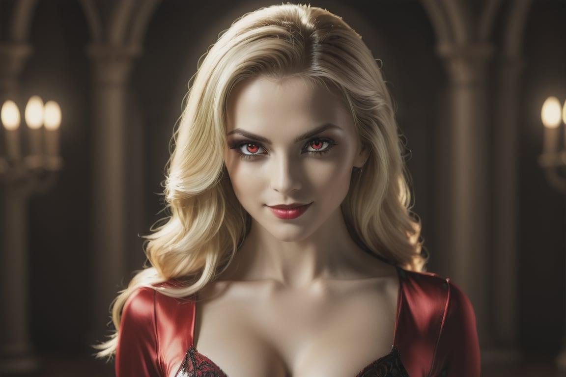 (((Masterpiece))), Beautiful female vampire with ((irridecent red eyes)), (((perfect breasts))), low cut red satin dress, smiling with (vampire teeth showing), ((flowing shiny blond hair)), vampire movie theme, complex 3d render, intricate reflections, Intricate shadows, cinematic, image, ultra-detailed, HDR, Hyperrealism, professional photography, backlit, sharp focus, Panasonic Lumix s pro 50mm, 8K, octane rendering, raytracing, intricate shadows, (((professional photography))), high definition, photorealism, hyper-realistic, bokeh, depth of field, dynamically backlit, sharp focus, sharp edges, studio soft light, rim light, vibrant details, ((professional colorgrading))
,Movie Still,Film Still,Cinematic,monster,perfecteyes