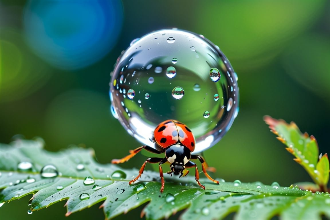 (((masterpiece))), (((Raindrops still photography))), (((raindrops still action photography))), ((capture the intricate raindrop falling from the sky with the reflection of the forest inside the raindrops)), background:beautiful bright green forest, ((BLUE ladybug)), Miki Asai Macro photography, trending on artstation, sharp focus, studio photo, intricate details, highly detailed,))), complex 3d render, intricate reflections, ultra-detailed, HDR, Hyperrealism, Panasonic Lumix s pro 50mm, 8K, octane rendering, raytracing, (((professional photography))), high definition, photorealism, hyper-realistic, bokeh, depth of field, dynamically backlit, studio, vibrant details, ((professional Color grading)), photorealistic ,aw0k euphoric style,more detail XL