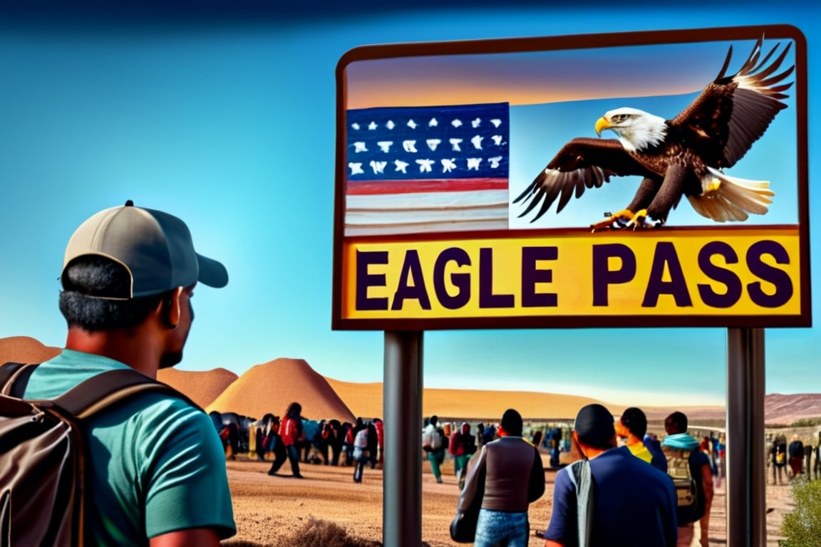 ((masterpiece photography)), ((Immigration across the Mexican Border in to Texas))), ((( migrants sneaking into the USA))), (((overhead sign that says, "Eagle Pass Texas"))), complex 3d render, intricate reflections, ultra-detailed, HDR, Hyperrealism, sharp focus, Panasonic Lumix s pro 50mm, 8K, octane rendering, raytracing, (((professional photography))), high definition, photorealism, hyper-realistic, bokeh, depth of field, dynamically backlit, sharp edges, studio, vibrant details, ((professional Color grading)), photorealistic , detailmaster2, (photo realistic), (Sharp Focus) 