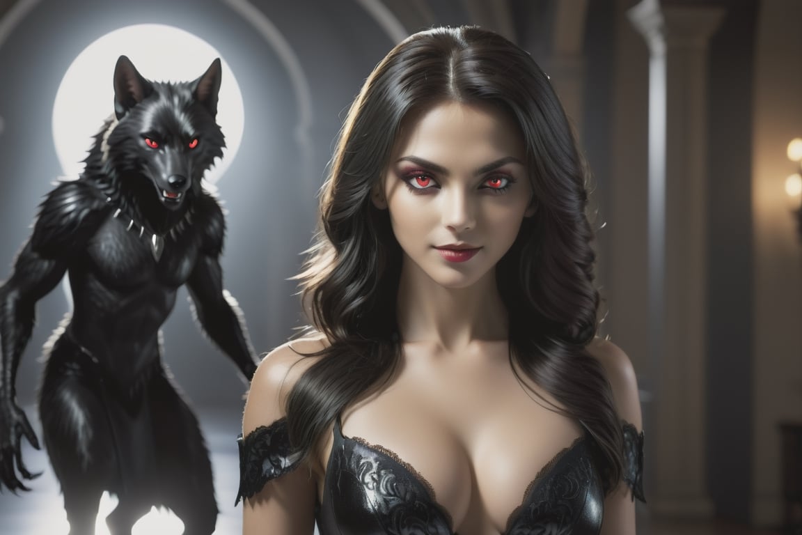 (((Masterpiece))), Beautiful female werewolf with ((irridecent red eyes)), (((perfect breasts))), low cut black satin dress, smiling with (vampire teeth showing), ((flowing shiny black hair)), vampire movie theme, complex 3d render, intricate reflections, Intricate shadows, cinematic, image, ultra-detailed, HDR, Hyperrealism, professional photography, backlit, sharp focus, Panasonic Lumix s pro 50mm, 8K, octane rendering, raytracing, intricate shadows, (((professional photography))), high definition, photorealism, hyper-realistic, bokeh, depth of field, dynamically backlit, sharp focus, sharp edges, studio soft light, rim light, vibrant details, ((professional colorgrading))
,Movie Still,Film Still,Cinematic,monster,perfecteyes