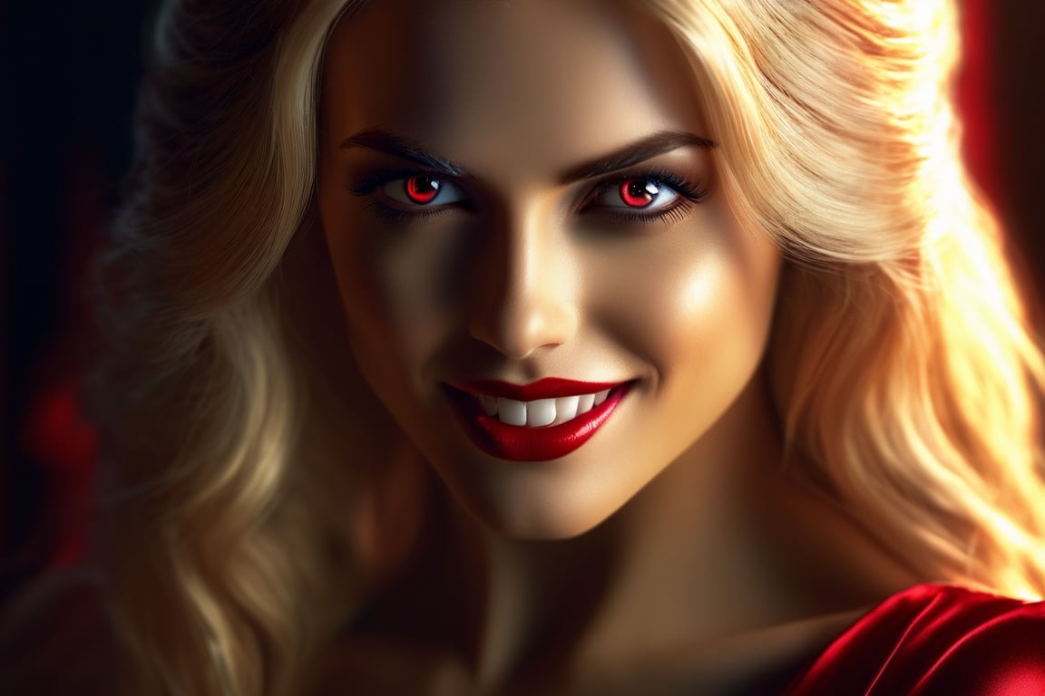 (((Masterpiece))), Beautiful female vampire with ((irridecent red eyes)), (((perfect breasts))), low cut red satin dress, smiling with (vampire teeth showing), ((flowing shiny blond hair)), vampire movie theme, complex 3d render, intricate reflections, Intricate shadows, cinematic, image, ultra-detailed, HDR, Hyperrealism, professional photography, backlit, sharp focus, Panasonic Lumix s pro 50mm, 8K, octane rendering, raytracing, intricate shadows, (((professional photography))), high definition, photorealism, hyper-realistic, bokeh, depth of field, dynamically backlit, sharp focus, sharp edges, studio soft light, rim light, vibrant details, ((professional colorgrading))
,Movie Still,Film Still,Cinematic,monster,perfecteyes