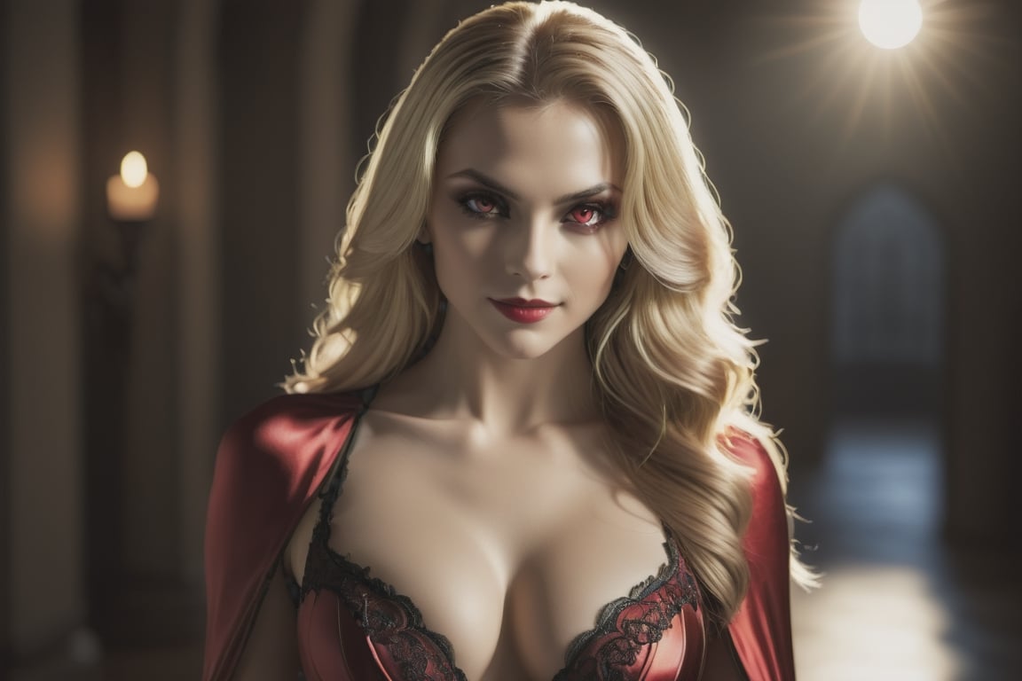 (((Masterpiece))), Beautiful female vampire with ((irridecent red eyes)), (((perfect breasts))), low cut red satin dress, smiling with (vampire teeth showing), ((flowing shiny blond hair)), vampire movie theme, complex 3d render, intricate reflections, Intricate shadows, cinematic, image, ultra-detailed, HDR, Hyperrealism, professional photography, backlit, sharp focus, Panasonic Lumix s pro 50mm, 8K, octane rendering, raytracing, intricate shadows, (((professional photography))), high definition, photorealism, hyper-realistic, bokeh, depth of field, dynamically backlit, sharp focus, sharp edges, studio soft light, rim light, vibrant details, ((professional colorgrading))
,Movie Still,Film Still,Cinematic,monster,perfecteyes