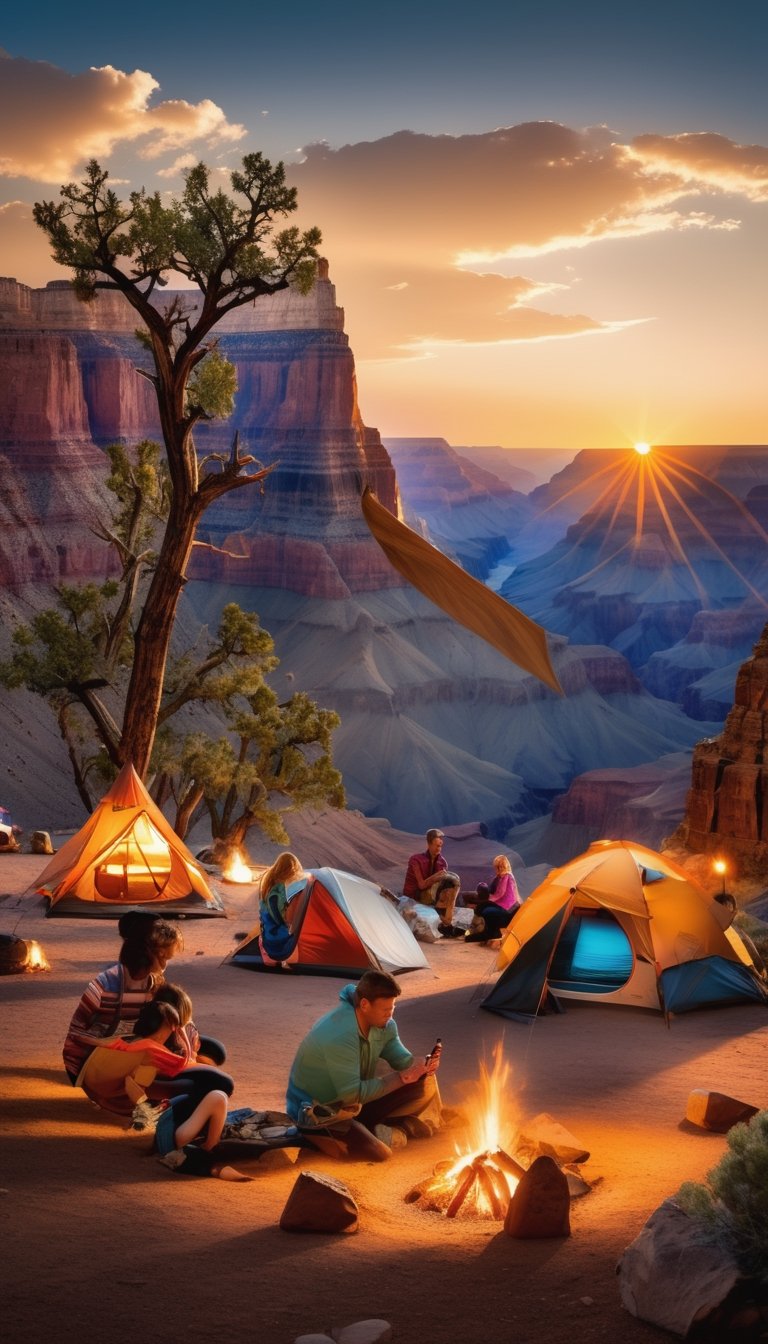 (((Masterpiece))), (((professional photography))), (Camping within the Grand Canyon),((ground perspective shot,)), (((family camping in the GRAND CANYON at sunset)), children are playing around the campfire and the light reflects off the tents from the setting sun, beautiful complex rock formations surround the family, complex 3d render, intricate reflections, ultra-detailed, HDR, Hyperrealism, sharp focus, Panasonic Lumix s pro 50mm, 8K, octane rendering, raytracing, (((professional photography))), high definition, photorealism, hyper-realistic, bokeh, depth of field, dynamically backlit, sharp edges, studio, vibrant details, ((professional Color grading)), photorealistic ,Movie Still