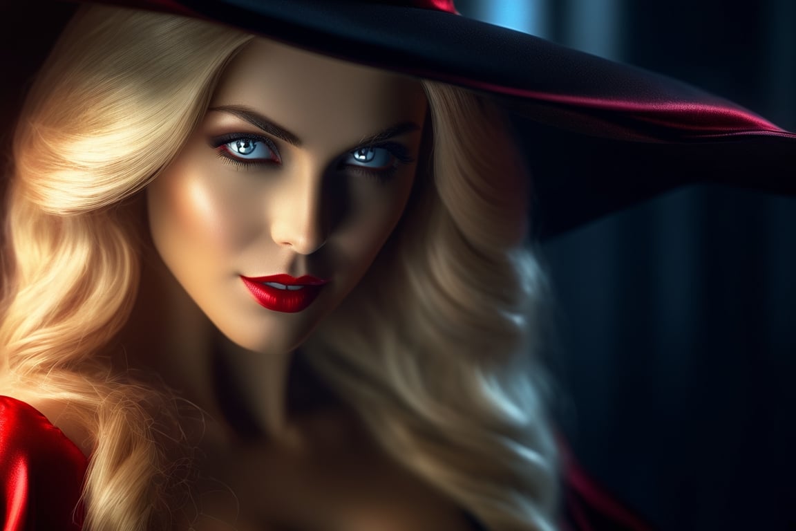 (((Masterpiece))), Beautiful female witch with ((irridecent red eyes)), (((perfect breasts))), low cut red satin dress, smiling with (vampire teeth showing), ((flowing shiny blond hair)), vampire movie theme, wearing a black satin witch hat, complex 3d render, intricate reflections, Intricate shadows, cinematic, image, ultra-detailed, HDR, Hyperrealism, professional photography, backlit, sharp focus, Panasonic Lumix s pro 50mm, 8K, octane rendering, raytracing, intricate shadows, (((professional photography))), high definition, photorealism, hyper-realistic, bokeh, depth of field, dynamically backlit, sharp focus, sharp edges, studio soft light, rim light, vibrant details, ((professional colorgrading))
,Movie Still,Film Still,Cinematic,monster,perfecteyes