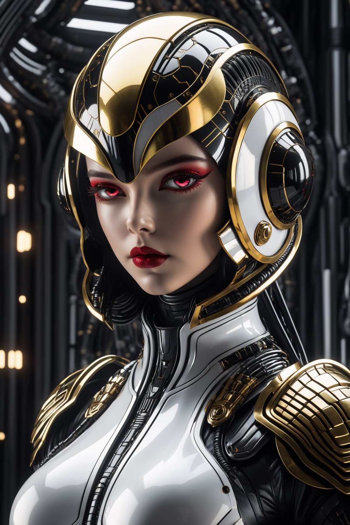 (((Masterpiece))), Beautiful young lady, white makup, crimson red lipstick, irredescent GOLD eyes, ((GOLD and chrome BLACK CHROME space helmet cover face with Tribal on it)), in the style of futuristic space elements Scorn glamour, animated gifs, (((stefan gesell))), algorithmic artistry, ((android jones)), (tim hildebrandt), pop art with a dark sine of the moon Scorn Hr Giger ,Monster, complex 3d render, intricate reflections, cinematic, image, ultra-detailed, HDR, Hyperrealism, sharp focus, Panasonic Lumix s pro 50mm, 8K, octane rendering, raytracing, (((professional photography))), high definition, photorealism, hyper-realistic, bokeh, depth of field, dynamically backlit, sharp focus, sharp edges, studio, vibrant details, ((professional Colorgrading)), ,detailmaster2,cyborg style,cyborg,android