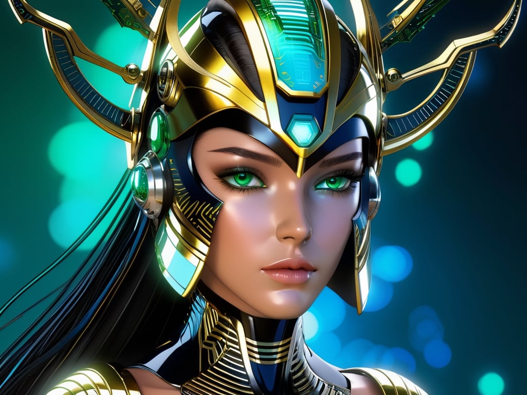 (((Masterpiece))), Beautiful cyber queen wearing, ((BLUE and CHROME Gold space helm cover face with Tribal on it)), ((irridescent green eyes)), in the style of futuristic space elements Scorn glamour, animated gifs, (((stefan gesell))), algorithmic artistry, ((android jones)), (tim hildebrandt), pop art with a dark sine of the moon Scorn Hr Giger ,  complex 3d render, intricate reflections, cinematic, image, ultra-detailed, HDR, Hyperrealism,  dynamically backlit, sharp focus, Panasonic Lumix s pro 50mm, 8K, octane rendering, raytracing, (((professional photography))), high definition, photorealism, hyper-realistic, bokeh, depth of field,  sharp edges, studio, vibrant details, ((professional Colorgrading))