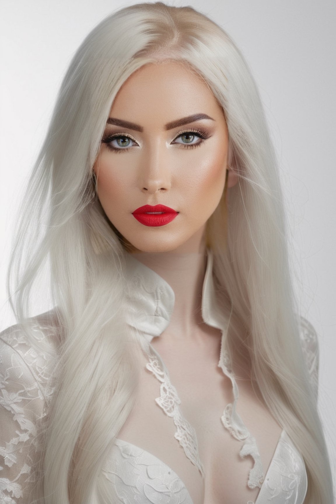 (((masterpiece))), (( A creepy yet intriguing digital illustration portrait of a albino pale young girl)), (((pure white very long straight hair))), psychedelic long hair, She wears a seductive white lace outfit with white fur accents, embodying the essence of allure and sensuality, (iridescent gray eyes), (((ruby red lips))), complex 3d render, intricate reflections, ultra-detailed, HDR, Hyperrealism, Panasonic Lumix s pro 50mm, 8K, octane rendering, raytracing, (((professional photography))), high definition, photorealism, hyper-realistic, bokeh, depth of field, dynamically backlit,  studio, vibrant details, ((professional Color grading)), photorealistic ,detailmaster2,photorealistic, sharp edges,  sharp focus ,latexsuit,Detailedface,photo of perfecteyes eyes,perfecteyes eyes,valent_1314