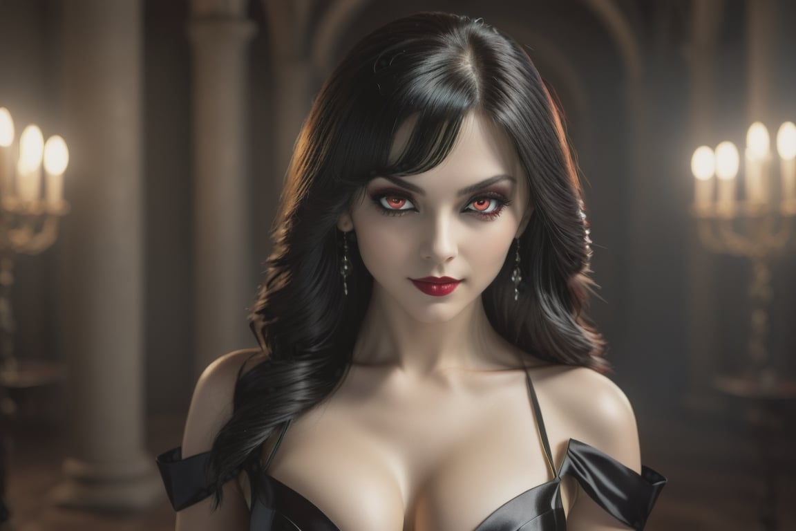 (Masterpiece), Beautiful Vampire with ((irridecent red eyes)), (((perfect breasts))), low cut black satin dress, smiling with (vampire teeth showing), ((flowing shiny black hair)), vampire movie theme, complex 3d render, intricate reflections, Intricate shadows, cinematic, image, ultra-detailed, HDR, Hyperrealism, professional photography, backlit, sharp focus, Panasonic Lumix s pro 50mm, 8K, octane rendering, raytracing, intricate shadows, (((professional photography))), high definition, photorealism, hyper-realistic, bokeh, depth of field, dynamically backlit, sharp focus, sharp edges, studio soft light, rim light, vibrant details, ((professional colorgrading))
,Movie Still,Film Still,Cinematic,monster,perfecteyes