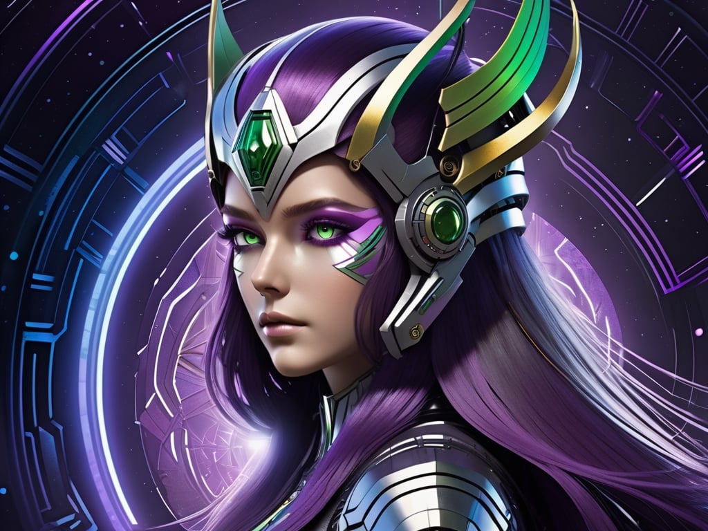 (((Masterpiece))), Beautiful cyber queen wearing, ((purple and silver Gold space helm cover face with Tribal on it)), ((irridescent green eyes)), in the style of futuristic space elements Scorn glamour, animated gifs, (((stefan gesell))), algorithmic artistry, ((android jones)), (tim hildebrandt), pop art with a dark sine of the moon Scorn Hr Giger ,  complex 3d render, intricate reflections, cinematic, image, ultra-detailed, HDR, Hyperrealism,  dynamically backlit, sharp focus, Panasonic Lumix s pro 50mm, 8K, octane rendering, raytracing, (((professional photography))), high definition, photorealism, hyper-realistic, bokeh, depth of field,  sharp edges, studio, vibrant details, ((professional Colorgrading))