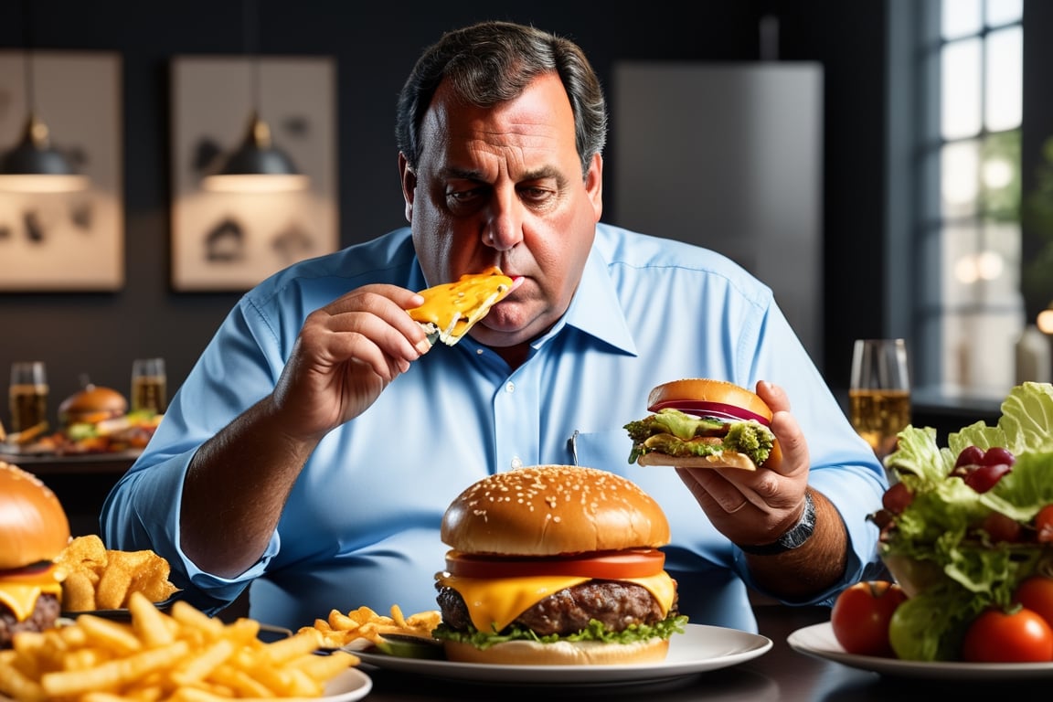 (((masterpiece))), ((Chris Christie stuffing his face with cheeseburgers))), ((chris christie eating a giant turkey)), complex 3d render, intricate reflections, ultra-detailed, HDR, Hyperrealism, sharp focus, Panasonic Lumix s pro 50mm, 8K, octane rendering, raytracing, (((professional photography))), high definition, photorealism, hyper-realistic, bokeh, depth of field, dynamically backlit, sharp edges, studio, vibrant details, ((professional Color grading)), photorealistic ,detailmaster2,photorealistic,mimico