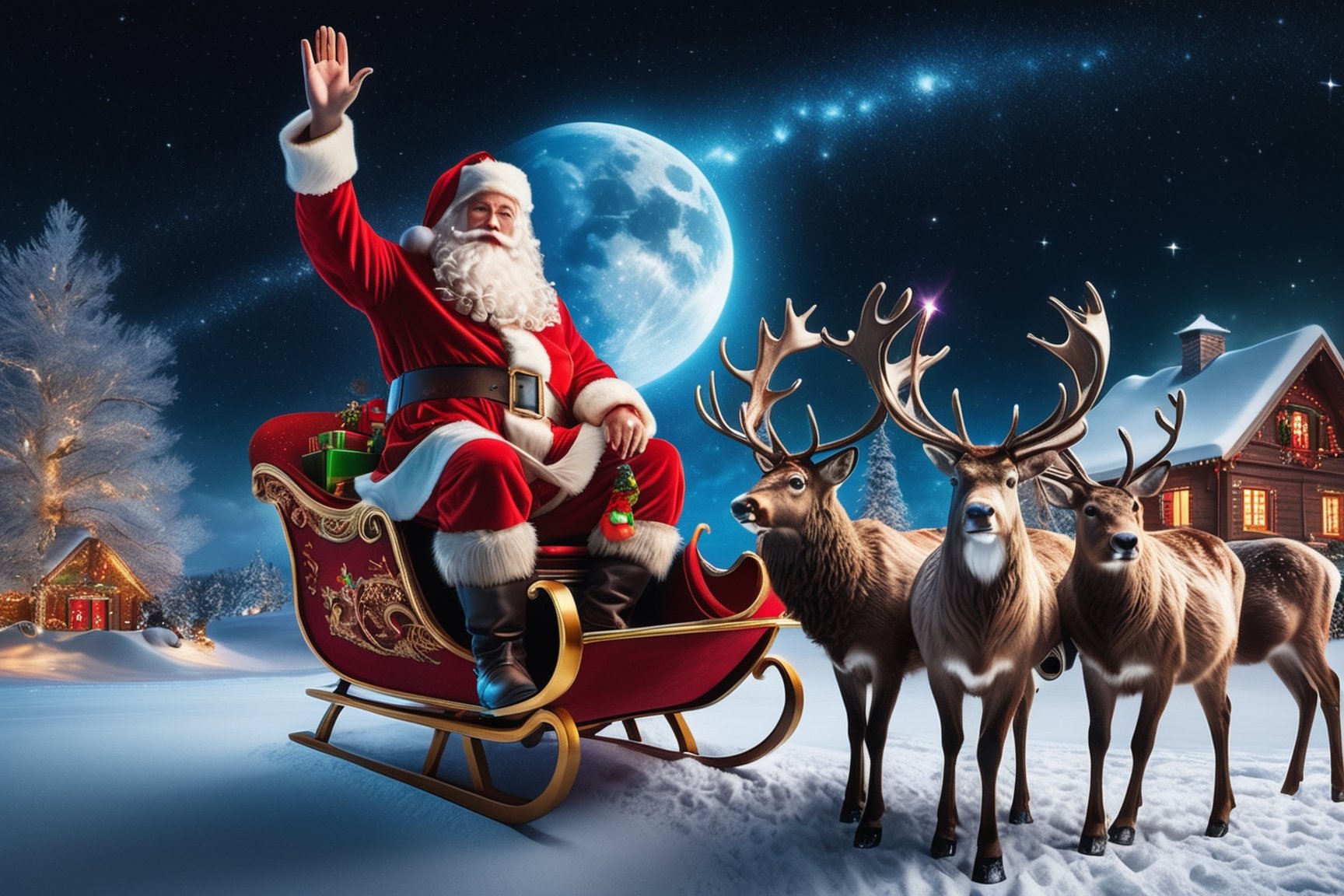 "(((masterpiece))), (((Santa Claus Waving Goodbye To 2023))), ((Santa Claus smiling at the camera while flying away in his sleigh pulled by 10 reindeer into the star cast night))), it is a beautiful night with comets in the sky and colorful stars twinkling in the background, complex 3d render, intricate reflections, ultra-detailed, HDR, Hyperrealism, Panasonic Lumix s pro 50mm, 8K, octane rendering, raytracing, (((professional photography))), high definition, photorealism, hyper-realistic, bokeh, depth of field, dynamically backlit, studio, vibrant details, ((professional Color grading)), photorealistic , monster,,,monsterdiversity"