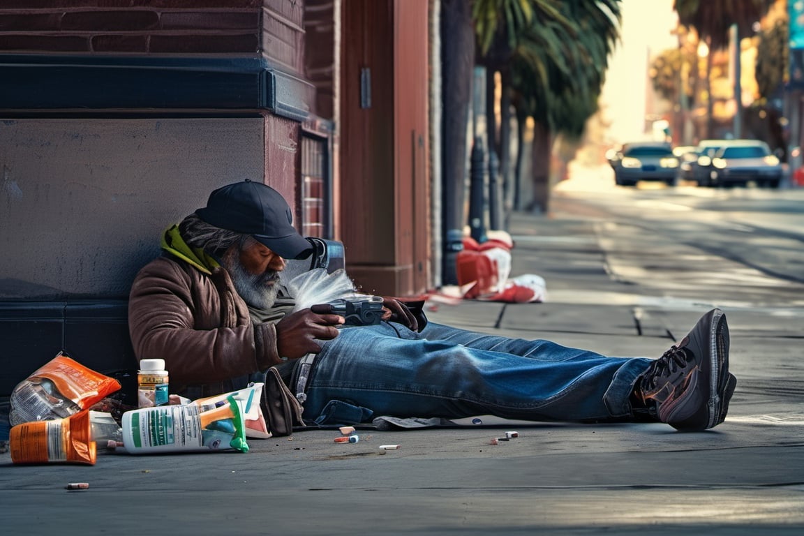 (((masterpiece))), (((drug use in the streets of Los Angelos people shooting up drugs on the sidewalk))), ((homeless people laying in the street with hypodermic needles laying everywhere)), (the streets look like an epidemic of drug use of zombie looking people),  complex 3d render, intricate reflections, ultra-detailed, HDR, Hyperrealism, Panasonic Lumix s pro 50mm, 8K, octane rendering, raytracing, (((professional photography))), high definition, photorealism, hyper-realistic, bokeh, depth of field, dynamically backlit, studio, vibrant details, ((professional Color grading)), photorealistic , 