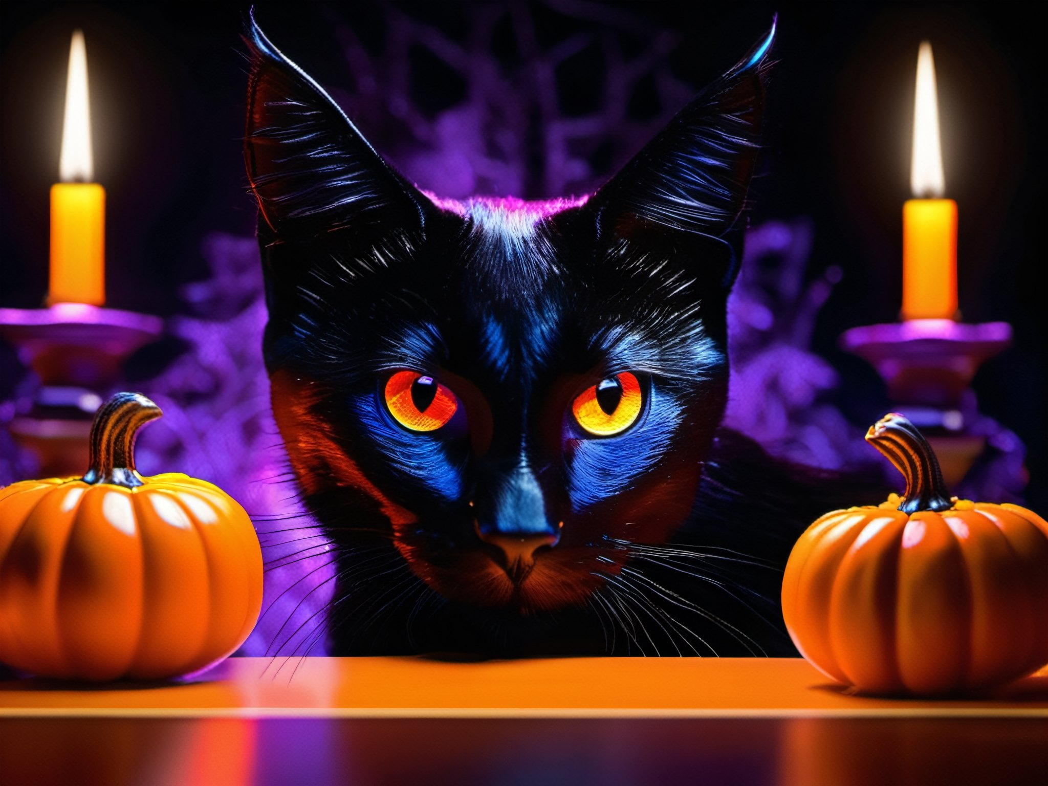 (((masterpiece))), ((Halloween 3 layer cake)), designed in the theme of "Halloween Nightmares", (purple, yellow, black), ((bats, cats, ravens, ghosts)), case is setting on a black glass table with orange lit candles to the side. (((Background:evil witch looking into camera))), evil witch with glowing orange eyes, (((EVIL Witch standing at the table looking at the camera))), ((iridescent orange eyes)), photo r3al, photo r3al, complex 3d render, intricate reflections, Intricate shadows, cinematic, filmic image, ultra-detailed, HDR, Hyperrealism, professional photography, backlit, sharp focus, Panasonic Lumix s pro 50mm, 8K, octane rendering, raytracing, intricate shadows, (((professional photography))), high definition, photorealism, hyper-realistic, bokeh, depth of field, dynamically backlit, sharp focus, sharp edges, studio soft light, rim light, vibrant details, luxurious