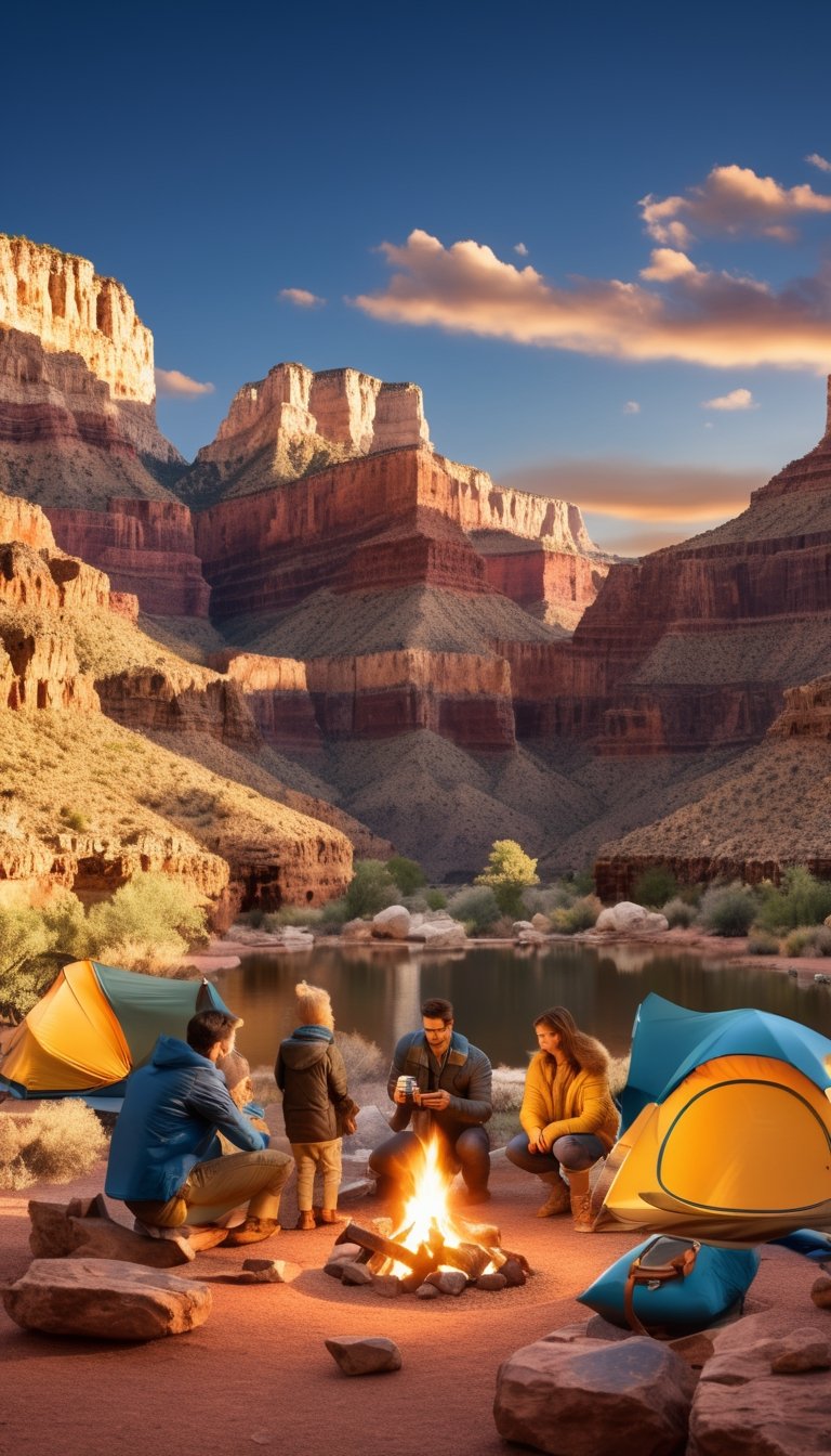 (((Masterpiece))), (((professional photography))), (Camping within the Grand Canyon),((ground perspective shot,)), (((family camping in the GRAND CANYON at sunset)), children are playing around the campfire and the light reflects off the tents from the setting sun, beautiful complex rock formations surround the family, complex 3d render, intricate reflections, ultra-detailed, HDR, Hyperrealism, sharp focus, Panasonic Lumix s pro 50mm, 8K, octane rendering, raytracing, (((professional photography))), high definition, photorealism, hyper-realistic, bokeh, depth of field, dynamically backlit, sharp edges, studio, vibrant details, ((professional Color grading)), photorealistic ,Movie Still