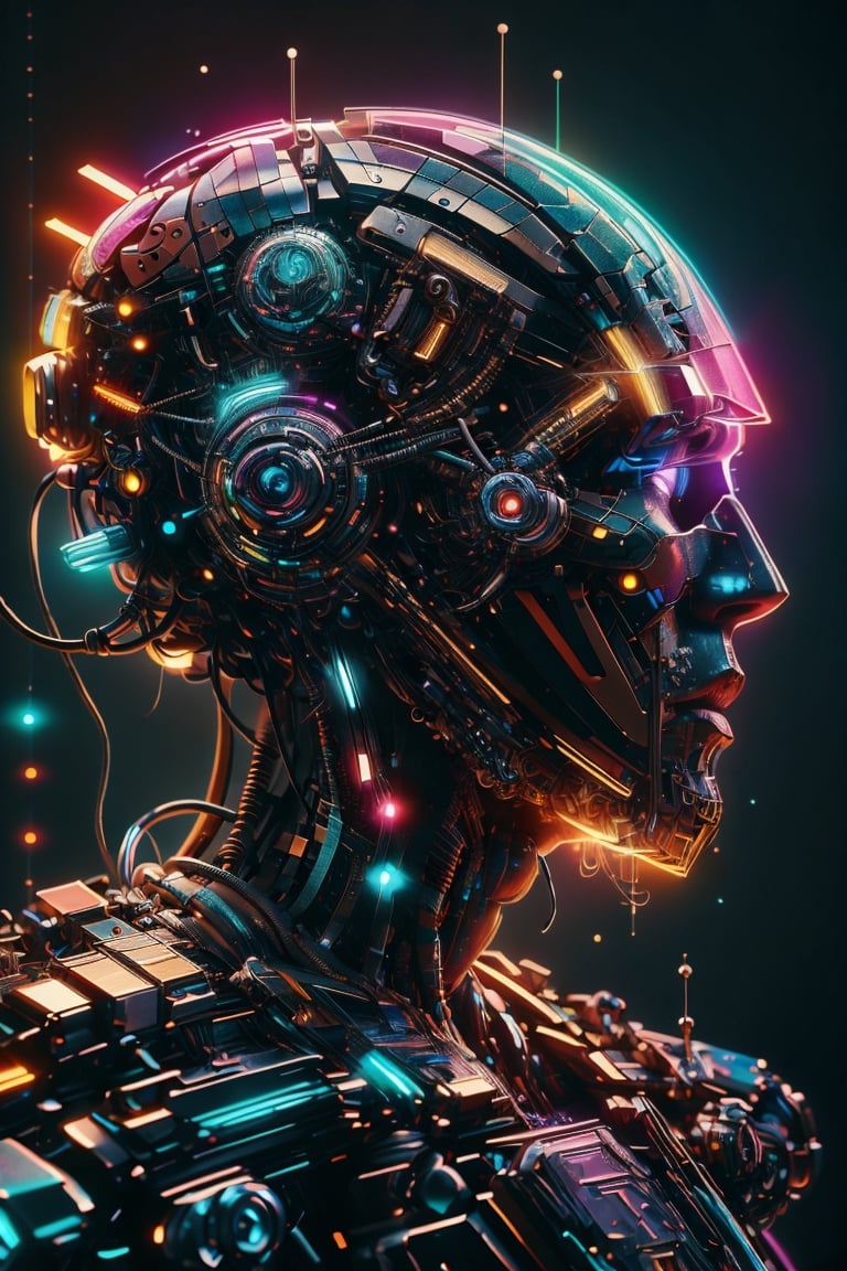 (((Masterpiece))), cyborg human with the top of his head is missing, a psychedelic colored brain is exposed inside his skull, colored lights emanate from the crevices of the cyborg brain,  complex 3d render, intricate reflections, ultra-detailed, HDR, Hyperrealism, sharp focus, Panasonic Lumix s pro 50mm, 8K, octane rendering, raytracing, (((professional photography))), high definition, photorealism, hyper-realistic, bokeh, depth of field, dynamically backlit, sharp edges, studio, vibrant details, ((professional Color grading)),CyberpunkWorld