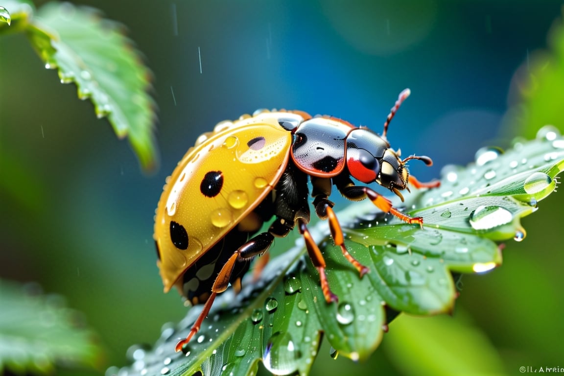 (((masterpiece))), (((Raindrops still photography))), (((raindrops still action photography))), ((capture the intricate raindrop falling from the sky with the reflection of the forest inside the raindrops)), background:beautiful bright green forest, ((BLUE and Yellow ladybug)), (Yellow Ladybug), (close up shot), Miki Asai Macro photography, trending on artstation, sharp focus, studio photo, intricate details, highly detailed,))), complex 3d render, intricate reflections, ultra-detailed, HDR, Hyperrealism, Panasonic Lumix s pro 50mm, 8K, octane rendering, raytracing, (((professional photography))), high definition, photorealism, hyper-realistic, bokeh, depth of field, dynamically backlit, studio, vibrant details, ((professional Color grading)), photorealistic ,aw0k euphoric style,more detail XL