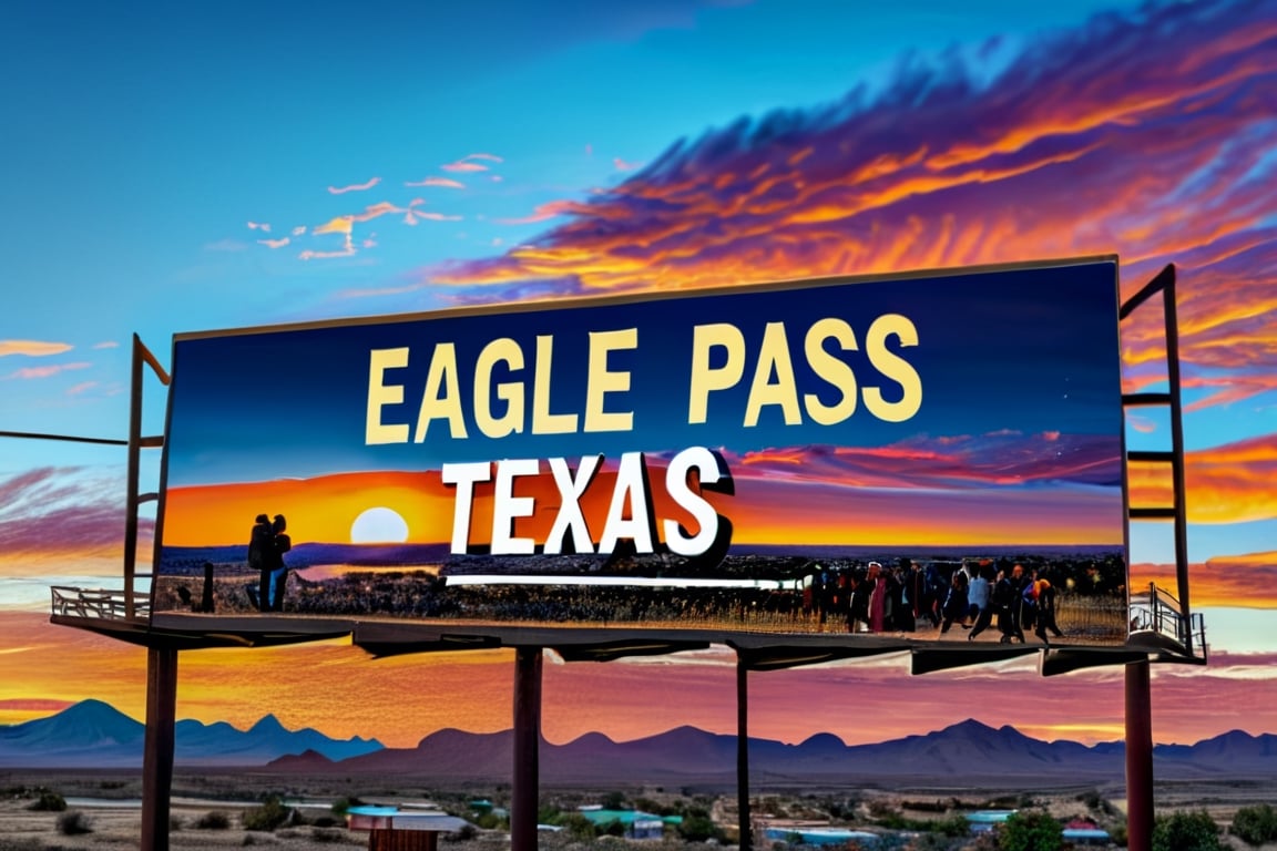 ((masterpiece photography)), ((Immigration across the Mexican Border in to Texas))), ((( migrants sneaking into the USA))), (((overhead sign that says, "Eagle Pass Texas"))),  ((Beautiful Sunset), complex 3d render, intricate reflections, ultra-detailed, HDR, Hyperrealism, sharp focus, Panasonic Lumix s pro 50mm, 8K, octane rendering, raytracing, (((professional photography))), high definition, photorealism, hyper-realistic, bokeh, depth of field, dynamically backlit, sharp edges, studio, vibrant details, ((professional Color grading)), photorealistic , detailmaster2, (photo realistic), (Sharp Focus) 